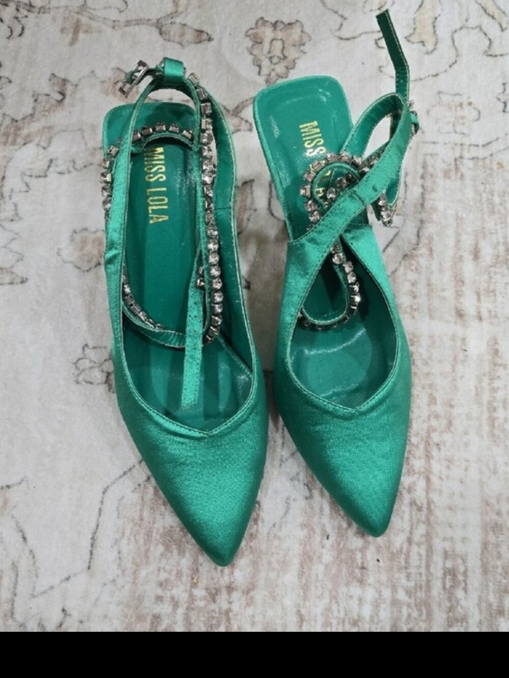 Emerald Satin Ankle-Strap Heels with Crystal Wrap